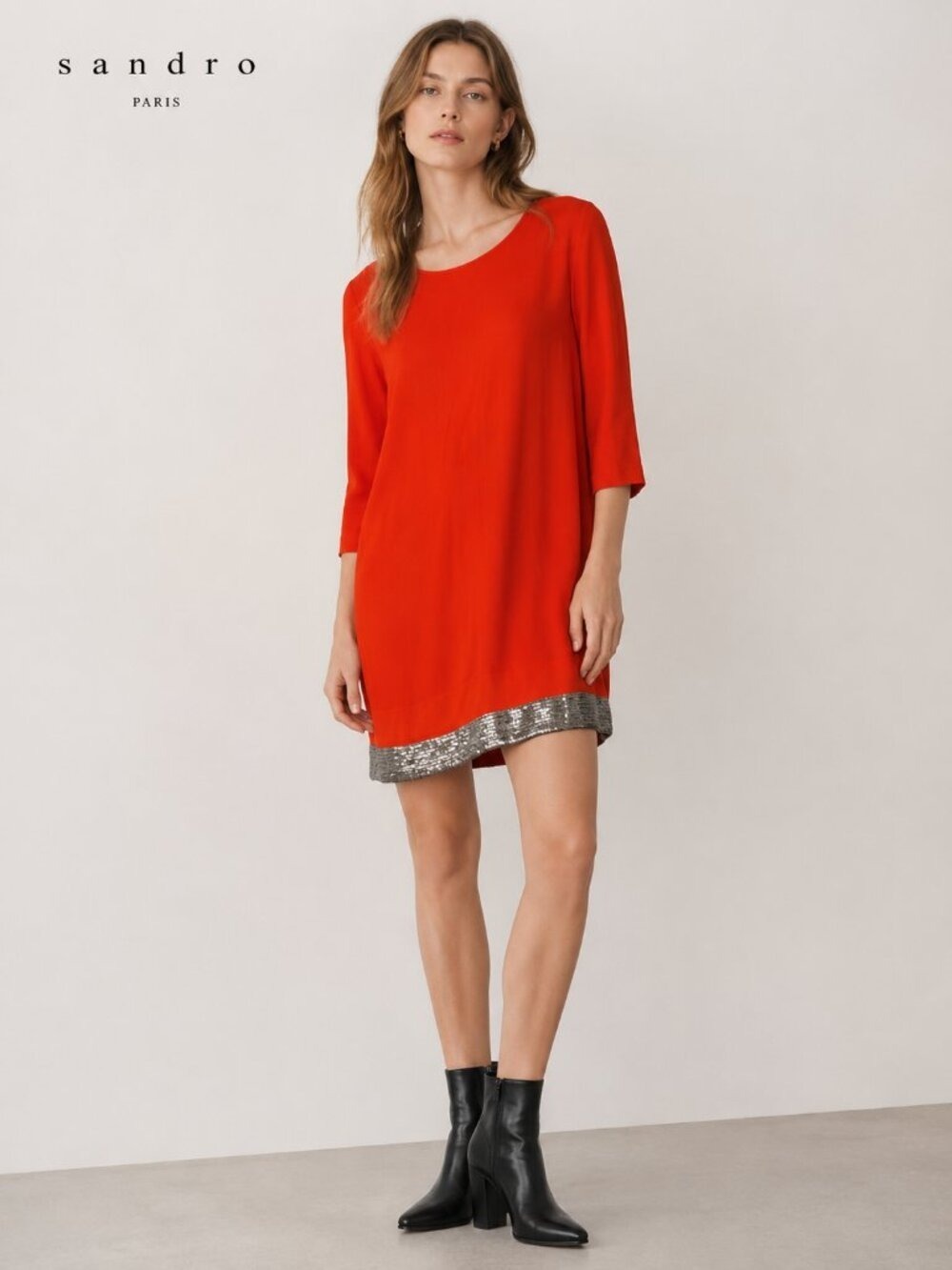 Sandro Red Shift Dress Size 2 | Sequin Hem | Parisian Chic | 0633